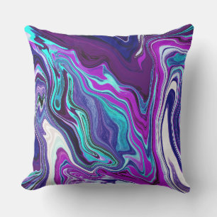 Lila, blaue und Aquamarine Abstrakte Fluid Art Kissen