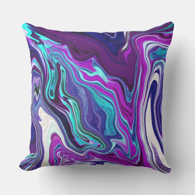 Lila, blaue und Aquamarine Abstrakte Fluid Art Kissen (Vorderseite)