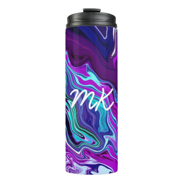 Lila, blaue und Aquamarine Abstrakte Fluid Art Thermosbecher (Vorderseite)