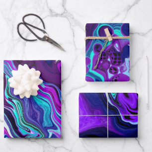 Lila, blaue und Aquamarine Abstrakte Marmorkunst Geschenkpapier Set