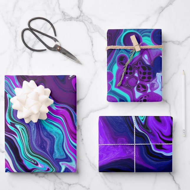 Lila, blaue und Aquamarine Abstrakte Marmorkunst Geschenkpapier Set (Vorderseite)