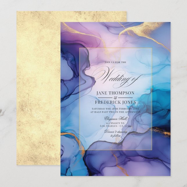 Lila, blaue und goldene Alkoholtupfer Hochzeit Einladung (Vorne/Hinten)