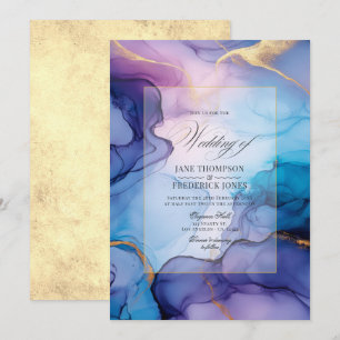 Lila, blaue und goldene Alkoholtupfer Hochzeit Einladung