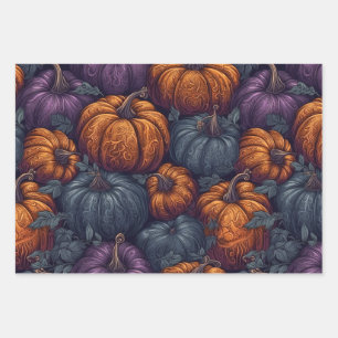 Lila, Blaue und Orange Kürbisse Geschenkpapier Set