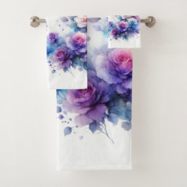 Lila, blaue und rosa Aquarellfarben-Rose Badhandtuch Set