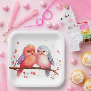 Lila, blaue und rosa Lovebirds Pappteller