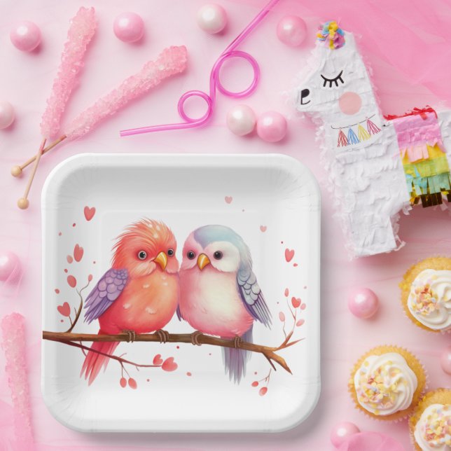 Lila, blaue und rosa Lovebirds Pappteller (Party)