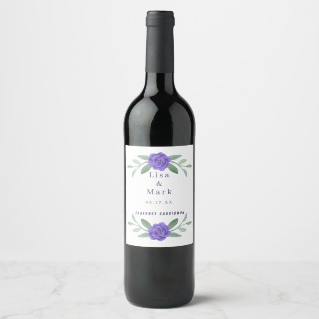 Lila Blauer Blumenwald Hochzeit Weinetikett (Vorderseite)
