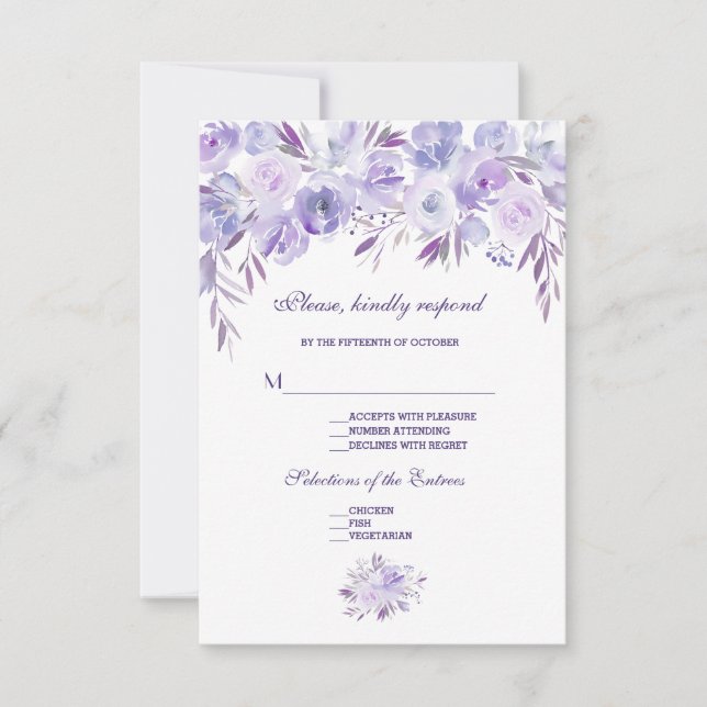 Lila Blauer Blumenzwiebelhochzeit RSVP Karte (Vorderseite)