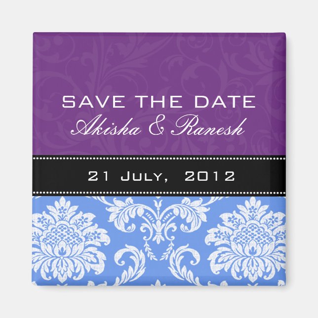 Lila blauer Damast-Save the Date Magnet (Vorne)
