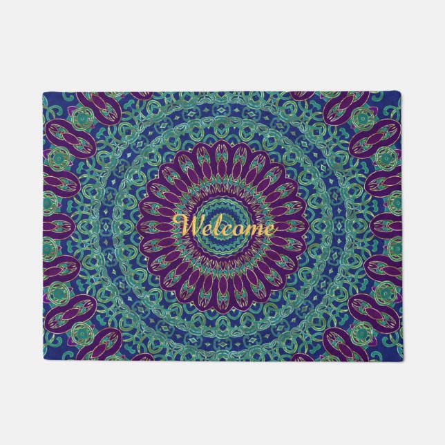 Lila, blauer und grüner Mandala Fußmatte (Vorderseite)