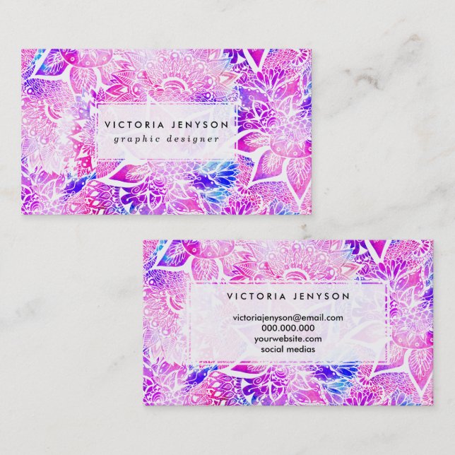 Lila blaues Hennastrauch boho Blumenmandalamuster Visitenkarte (Vorne/Hinten)