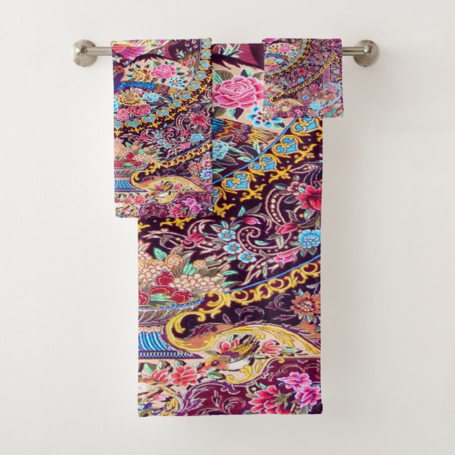 Lila Blaues Perserblumen Blume Peacock Badhandtuch Set (Insitu)