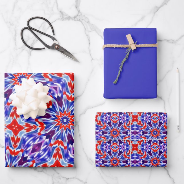 Lila, blaues, rotes und weißes Muster Geschenkpapier Set (Vorderseite)