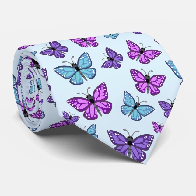 Lila, blaues und rosa Schmetterlingsmuster Krawatte (Gerollt)