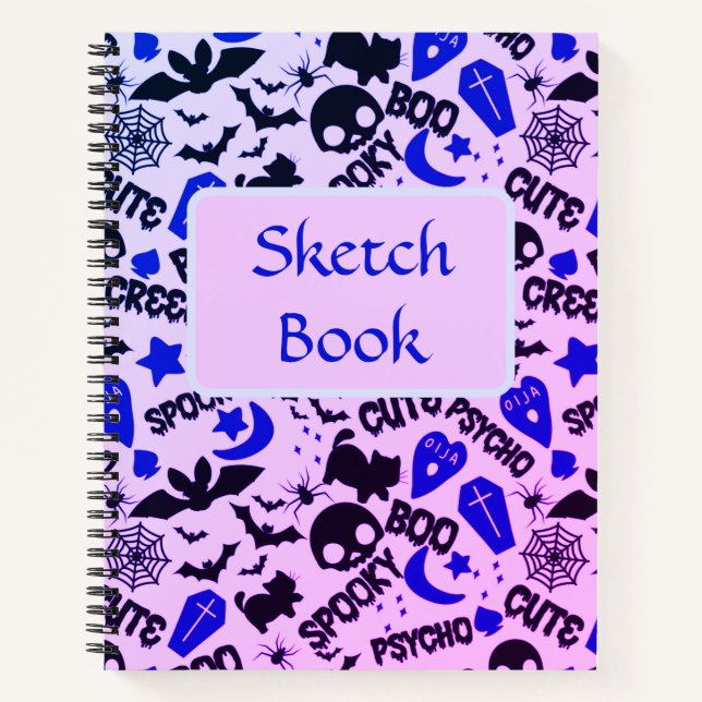 Lila, blaues und schwarzes Halloween-Sketch Notizbuch (Vorderseite)