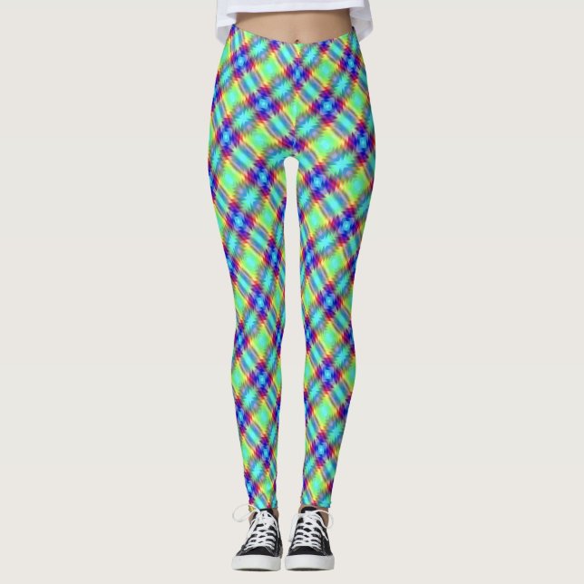 Lila, blaugrün gelbes Band Kariert Leggings (Vorderseite)