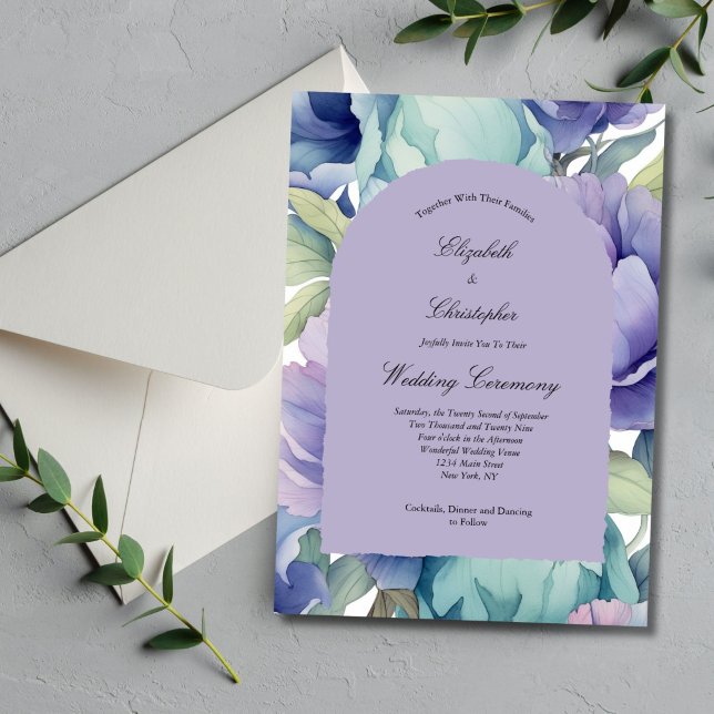 Lila blaugrüne Blumenarschenhochzeit Einladung (Purple blue green pastel watercolor florals elegant arch wedding invitation. Printed or Digital)
