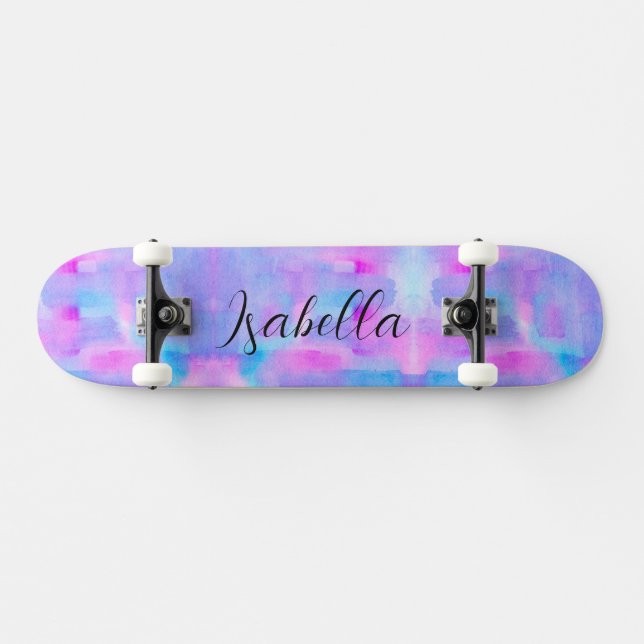 Lila blaurosa Aquarell Personalisiert gestrichen Skateboard (Horizontal)