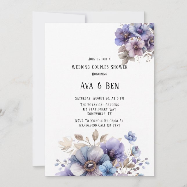 Lila Blautafel Dusche für Hochzeitspaare Einladung (Vorderseite)