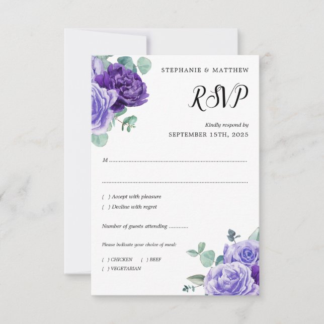 Lila Blooms Eukalyptus Botanische Hochzeit RSVP Karte (Vorderseite)