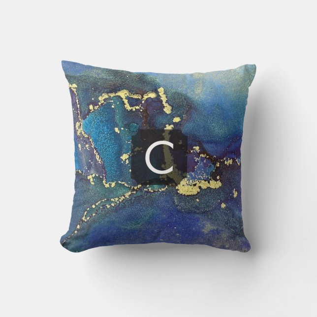 Lila Blue Aquamarin und Gold Liquid Art Monogram Kissen (Vorderseite)