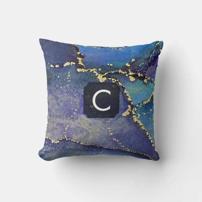 Lila Blue Aquamarin und Gold Liquid Art Monogram Kissen (Vorderseite)