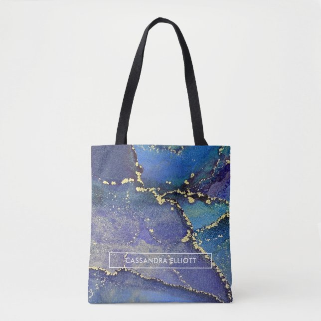 Lila Blue Aquamarin und Gold Liquid Art Monogram Tasche (Vorderseite)