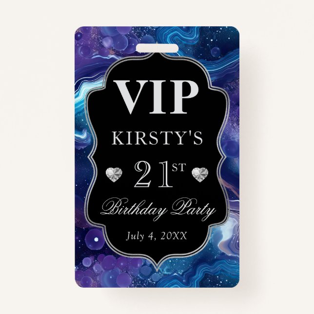 Lila Blue Celestial Glitzer Agate Birthday VIP Ausweis (Vorderseite)