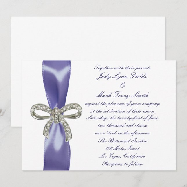 Lila Blue Diamond Bow Hochzeitsempfang Einladung (Vorne/Hinten)
