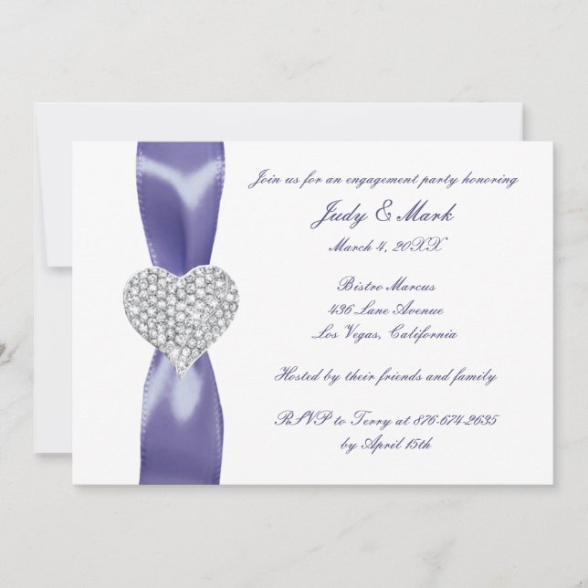 Lila Blue Diamond Heart Engagement Party Einladung (Vorderseite)