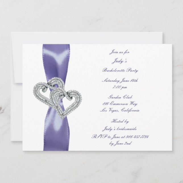 Lila Blue Diamond Hearts Junggeselinnen-Abschied Einladung (Vorderseite)