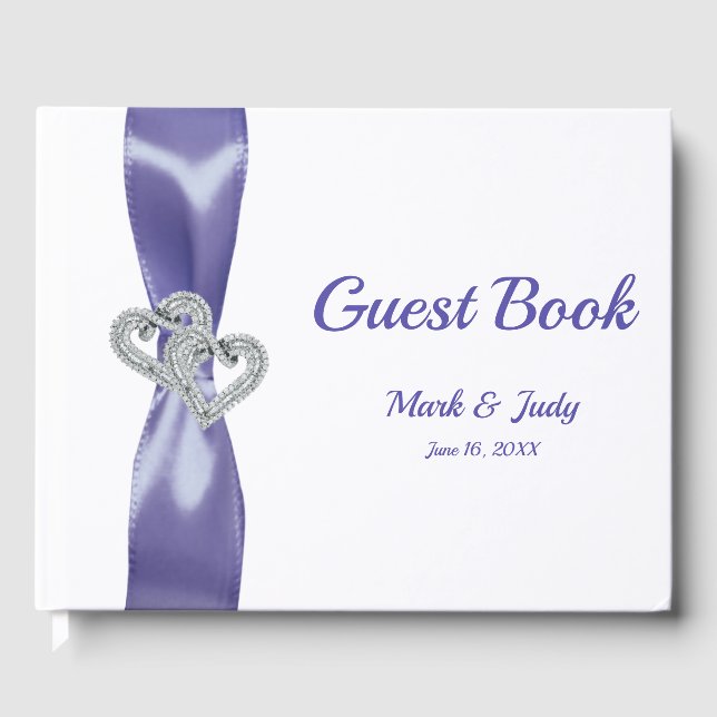 Lila Blue Diamond Hearts Wedding Gästebuch (Vorderseite)