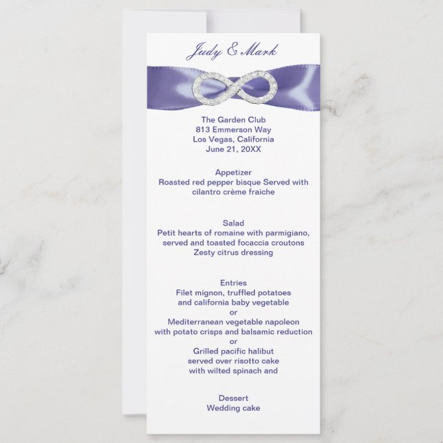 Lila Blue Diamond Infinity Wedding Menu Card Einladung (Vorderseite)
