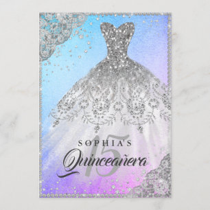 Lila Blue Diamond Lace Sparkle Gown Quinceanera Einladung