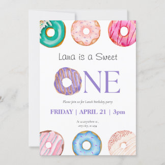 lila Blue Donut 1. Geburtstag Party Einladung
