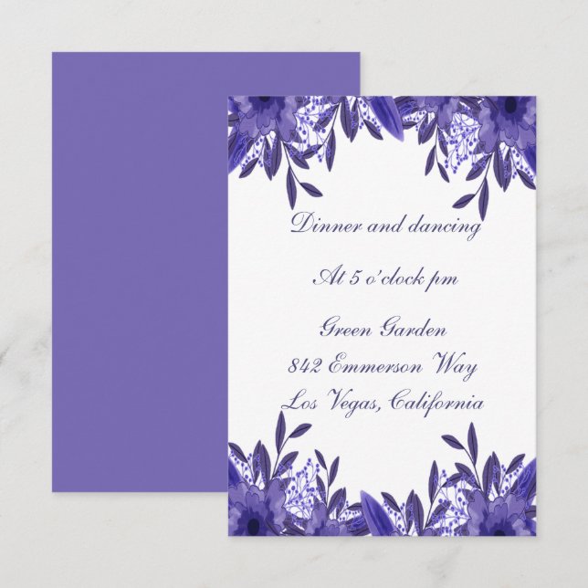Lila Blue Floral Foliage Wedding Card Einladung (Vorne/Hinten)