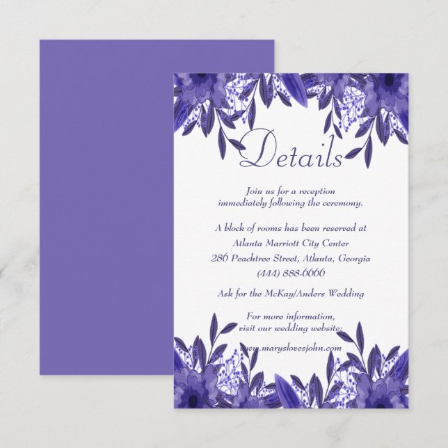 Lila Blue Floral Foliage Wedding Details Card (Vorne/Hinten)