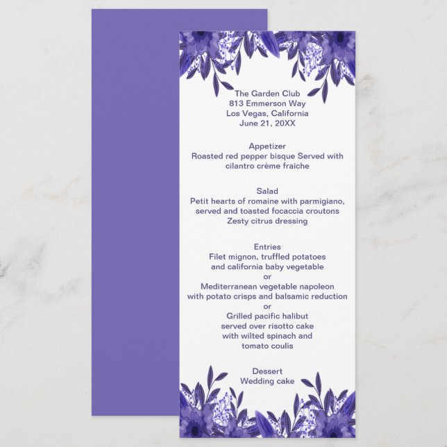 Lila Blue Floral Foliage Wedding Menu Card Menükarte (Vorne/Hinten)
