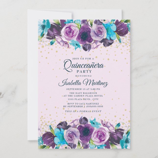 Lila Blue Floral Gold Glitzer Quinceañera Einladung (Vorderseite)