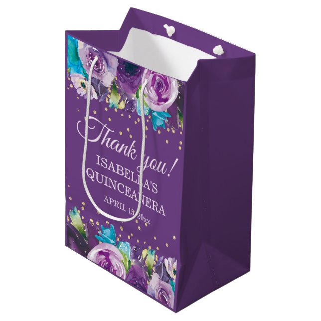 Lila Blue Floral Gold Quinceañera Vielen Dank Mittlere Geschenktüte (Vorderseite Schrägansicht)