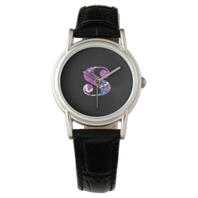 Lila Blue Floral Monogram S Watch Armbanduhr (Vorderseite)