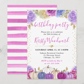 Lila Blue Floral Pumpkins Fall Geburtstag Einladung