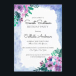 Lila Blue Floral Watercolor Sweet 16 Birthday Einladung<br><div class="desc">Die elegante und moderne 16 . Geburtstag Geburtstagsfeier lädt zum stilvollen und eleganten Mädel ein. Es verfügt über hübsche, ländlich und künstlerische handbemalte, rosa, lila und waldgrüne Blume und Blätter Bouquet-Gruppierungen auf einem blauen Aquarellrahmen und schlichten weißen Hintergrund. Es ist künstlerisch, niedlich und trendig; das perfekte Design, um Ihre Freunde...</div>