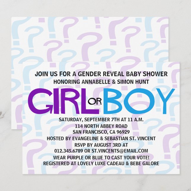Lila & Blue Gender Reveal Baby Dusche Party Einladung (Vorne/Hinten)