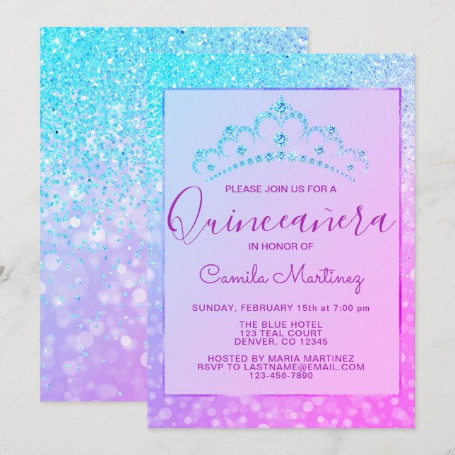 Lila - Blue Girly Glitzer Sparkle Quinceanera Einladung (Vorne/Hinten)