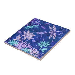 Lila Blue Glitzer Blume & Dragonflies - Schönheit Fliese