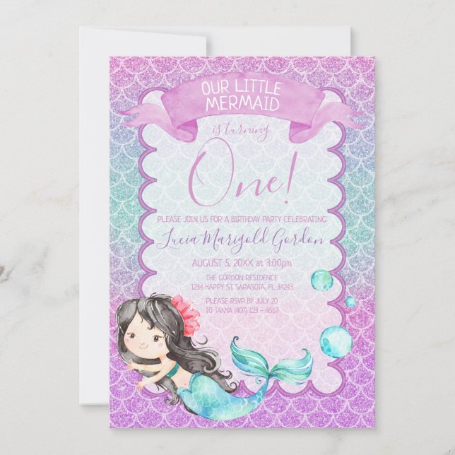 Lila Blue Glitzer Mermaid First Birthday Party Einladung (Vorderseite)