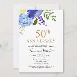 Lila Blue Gold 50. Hochzeit Einladung