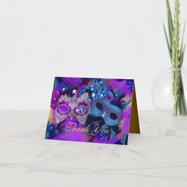 Lila Blue & Gold Masquerade Dankeschön Karte (Vorderseite)